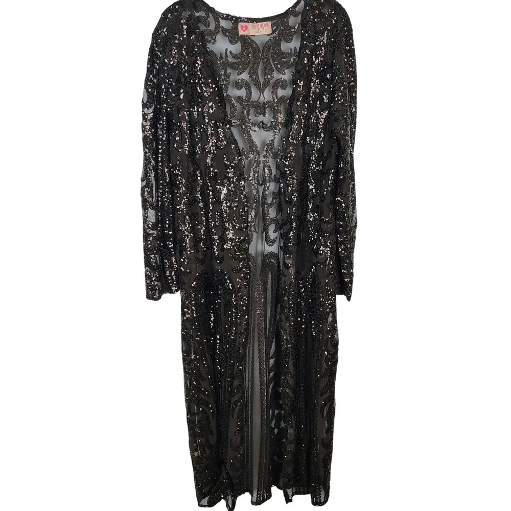 Southern Fried Chics XL Black Sequin Mesh Duster Cardigan Victorian gothic - Picture 1 of 14